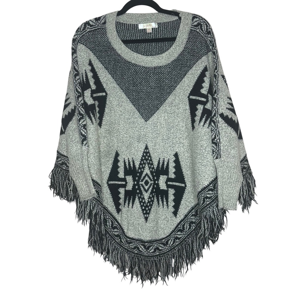 La Vie 89‎ VTG Bohemian Fringe Poncho Sweater Grey Black Aztec Print S/M